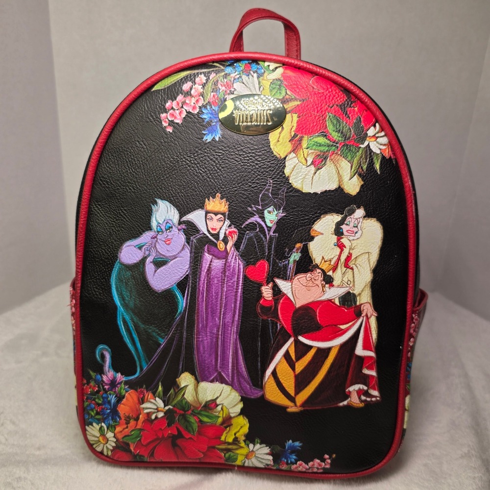 Disney‎ Villains Mini Backpack Black Red Floral Faux Leather Maleficent Ursula